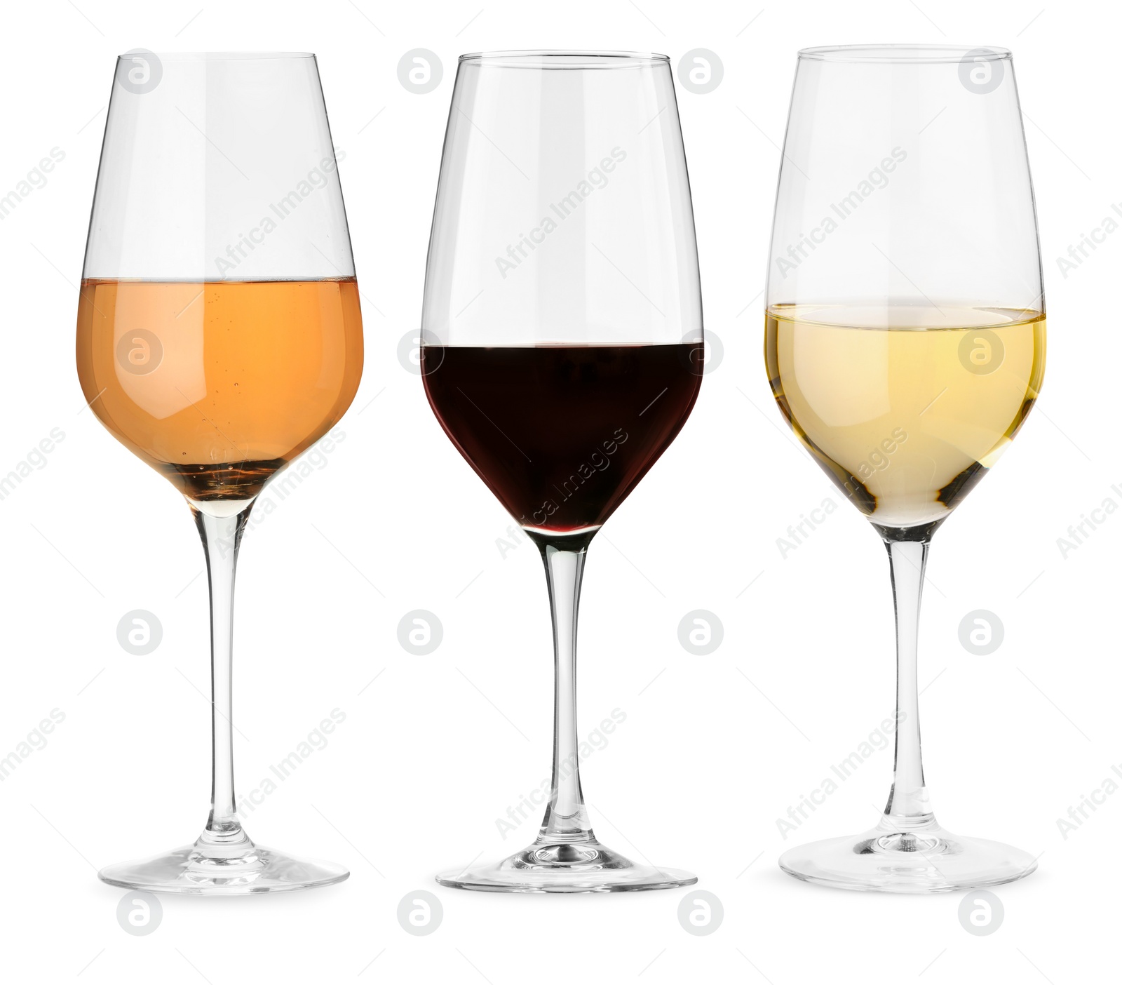 Image of Glasses of white, rose and red wine isolated on white