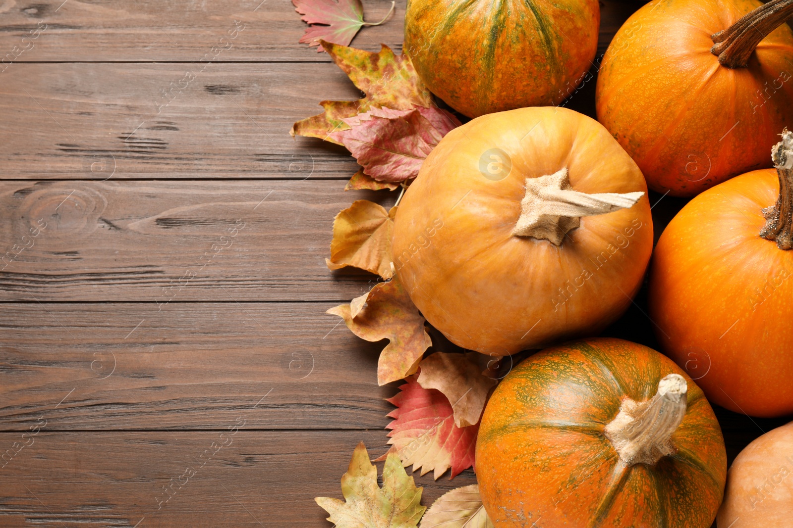 Photo of Flat lay composition with different ripe pumpkins on wooden background, space for text. Holiday decoration