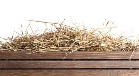 Dried straw in wooden crate isolated on white