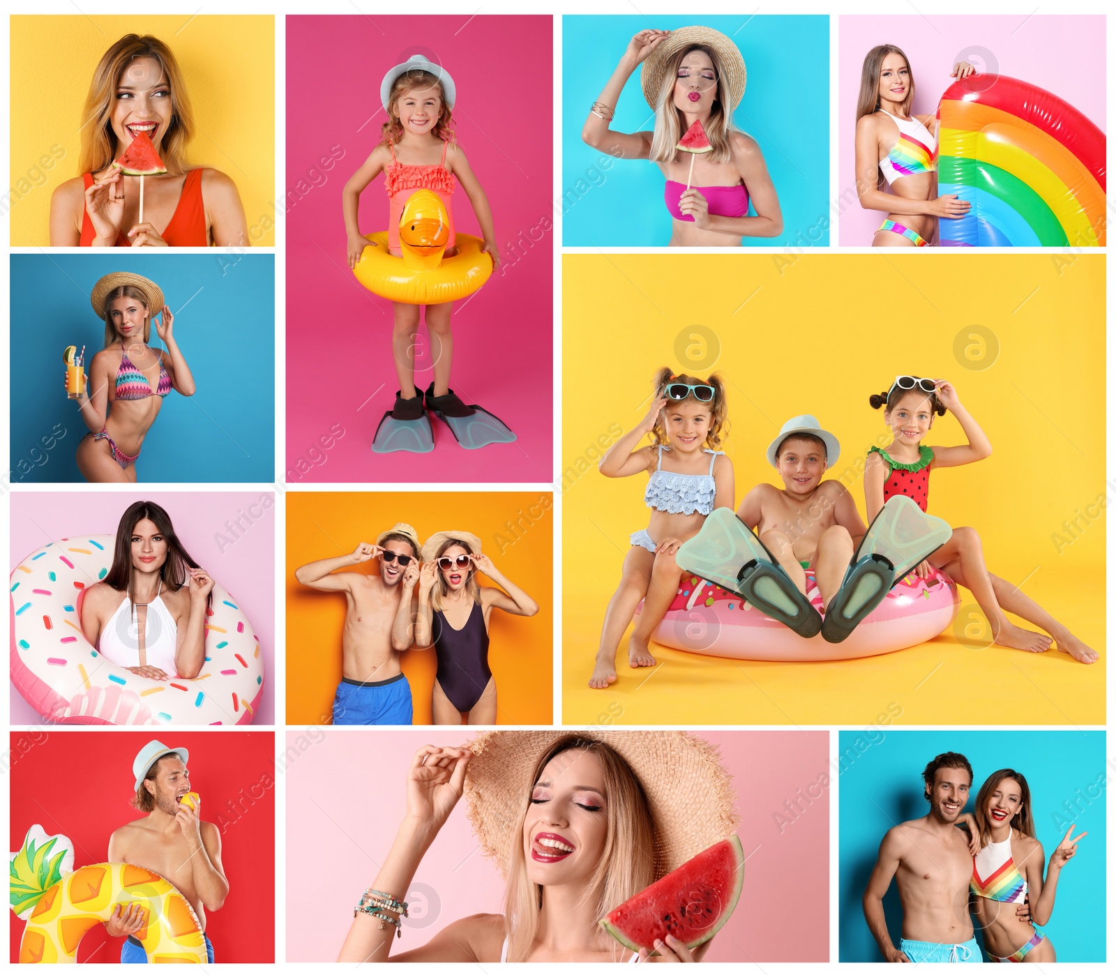 Image of Collage with beautiful photos themed to summer party and vacation. Happy people wearing swimsuits on different color backgrounds