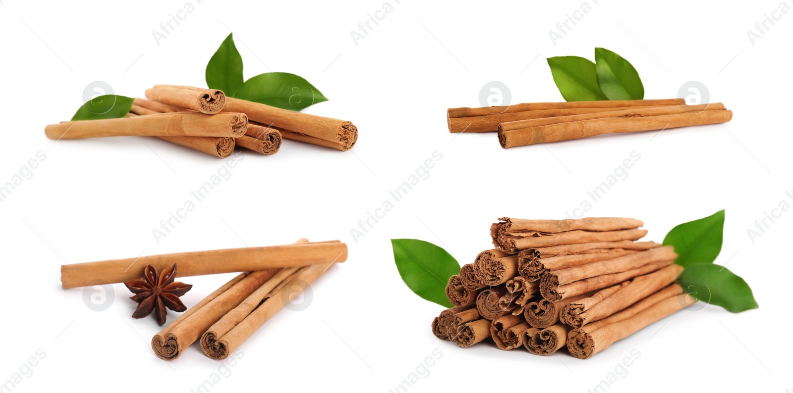 Image of Set with aromatic cinnamon sticks on white background, banner design