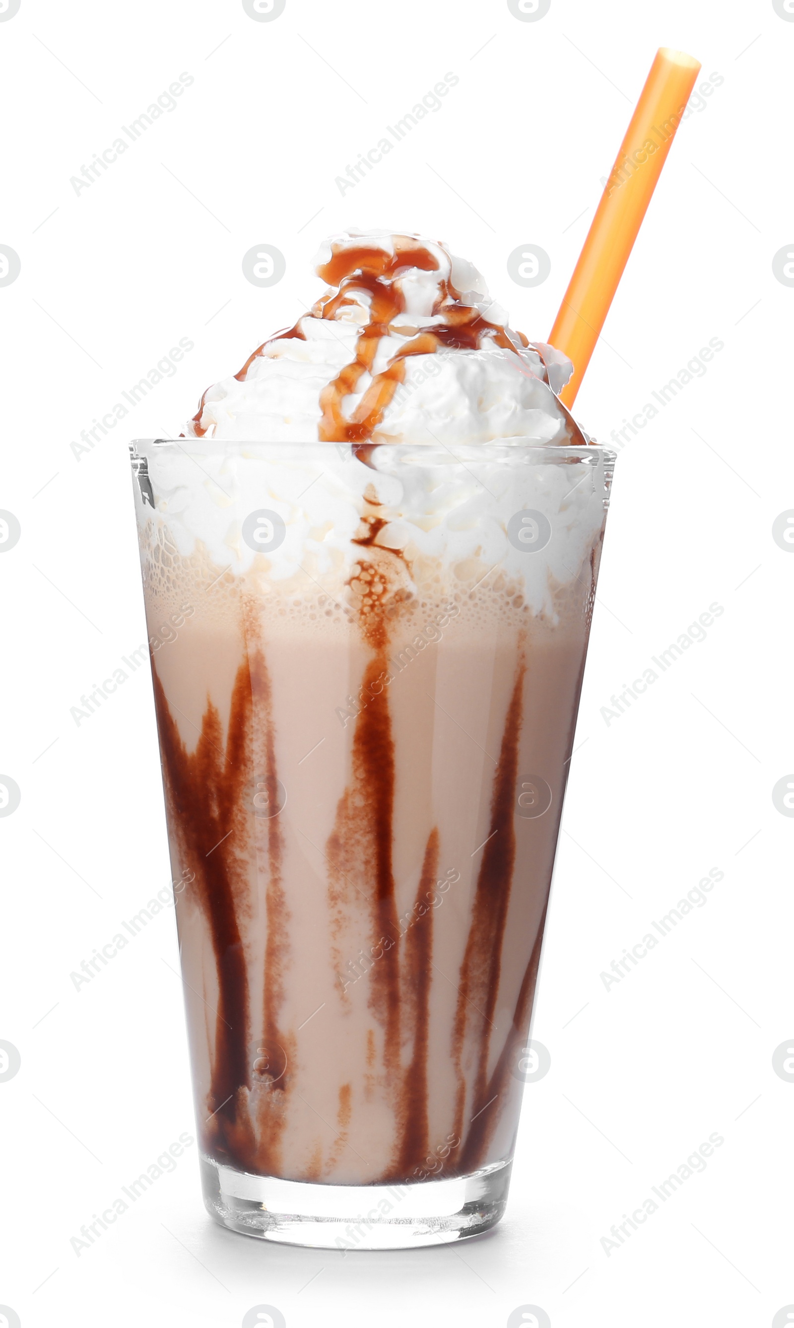 Photo of Glass with delicious milk shake on white background