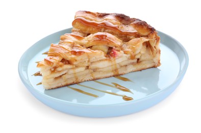 Photo of Slice of traditional apple pie with syrup isolated on white