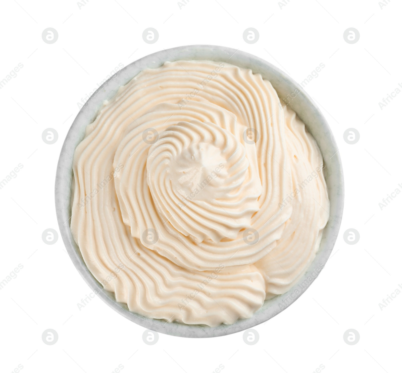 Photo of Delicious whipped cream isolated on white, top view