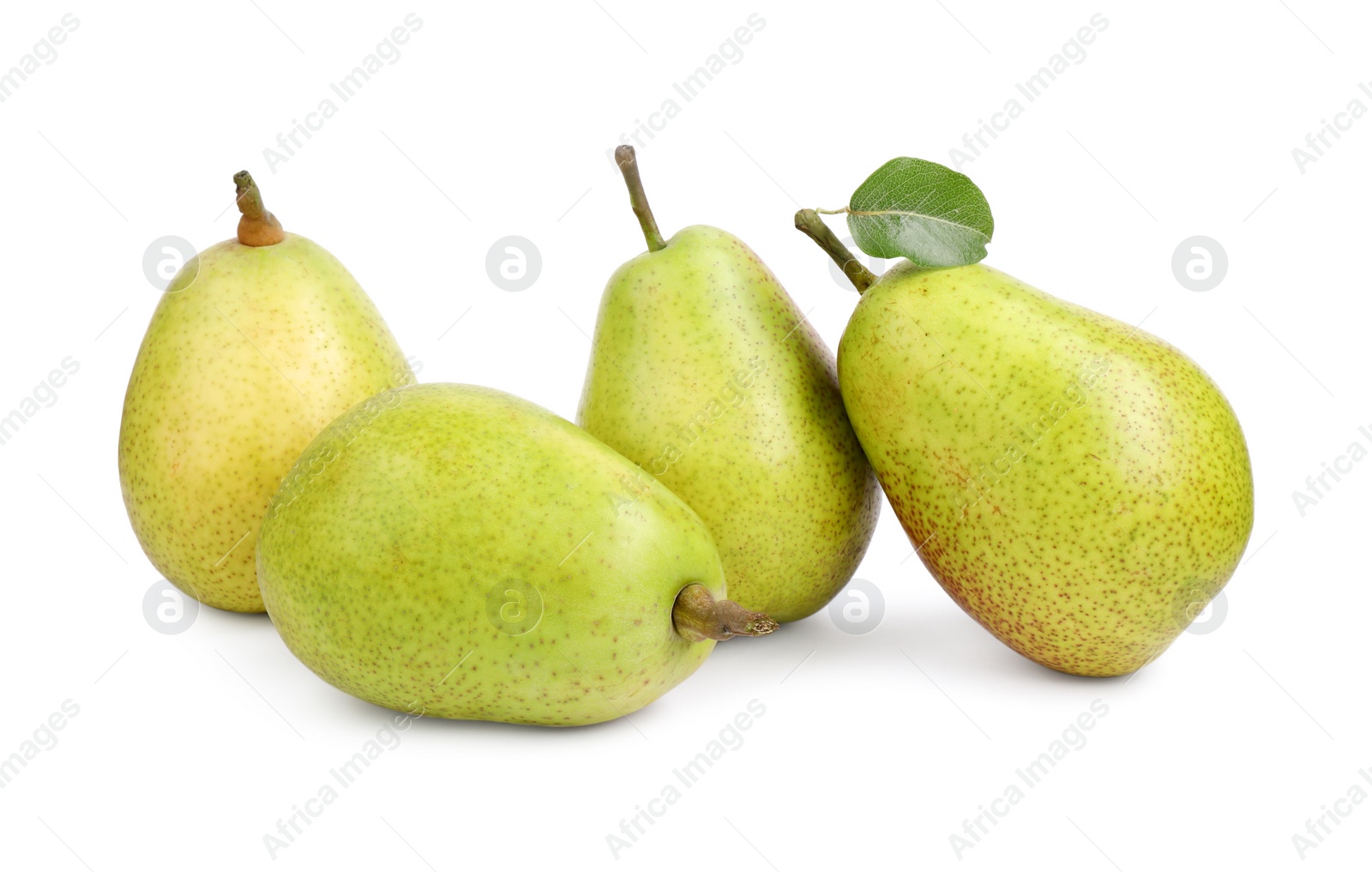 Photo of Tasty ripe pears with leaf on white background