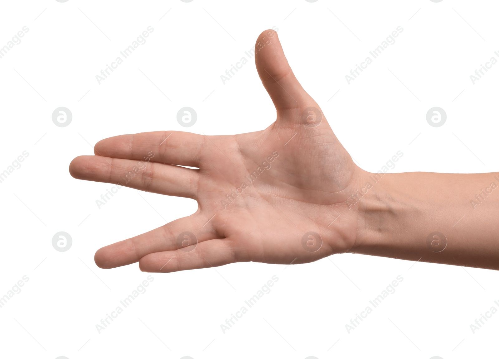 Photo of Woman showing hand on white background, closeup