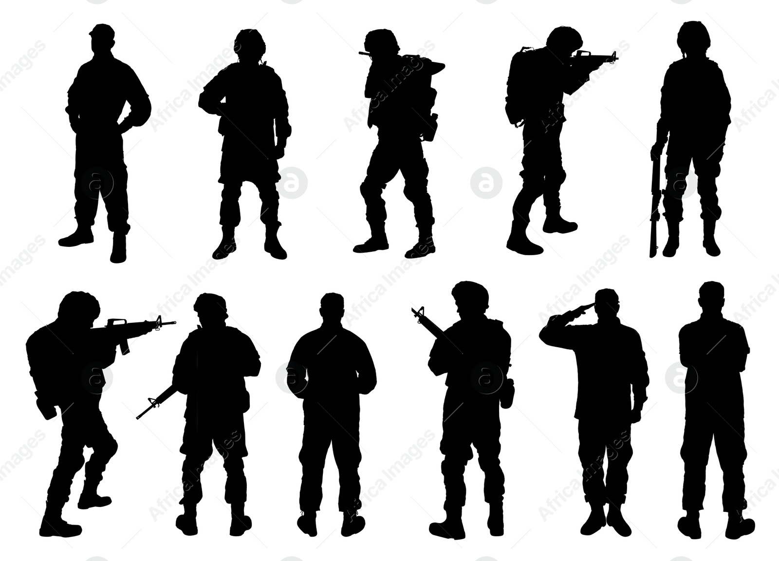 Image of Collage with silhouettes of soldiers on white background. Military service