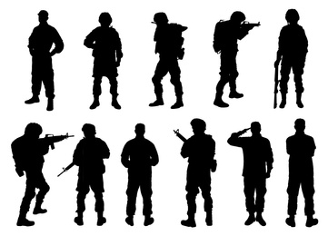 Collage with silhouettes of soldiers on white background. Military service