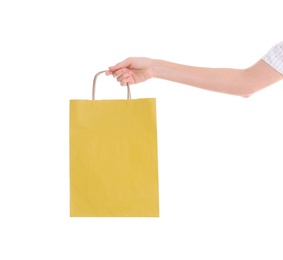 Photo of Woman holding shopping bag on white background, closeup.  Mock-up for design