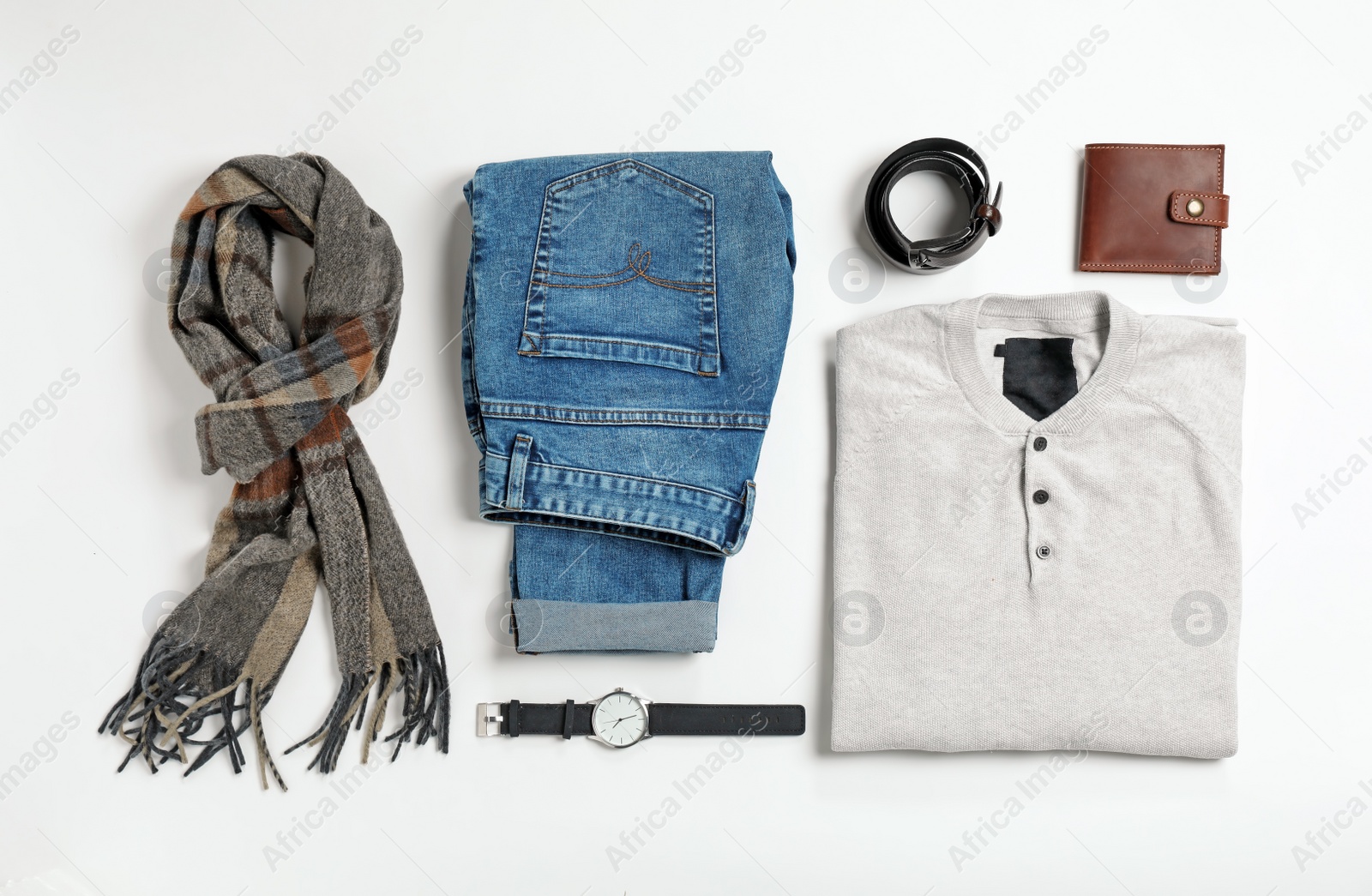 Photo of Flat lay composition with male winter clothes on white background