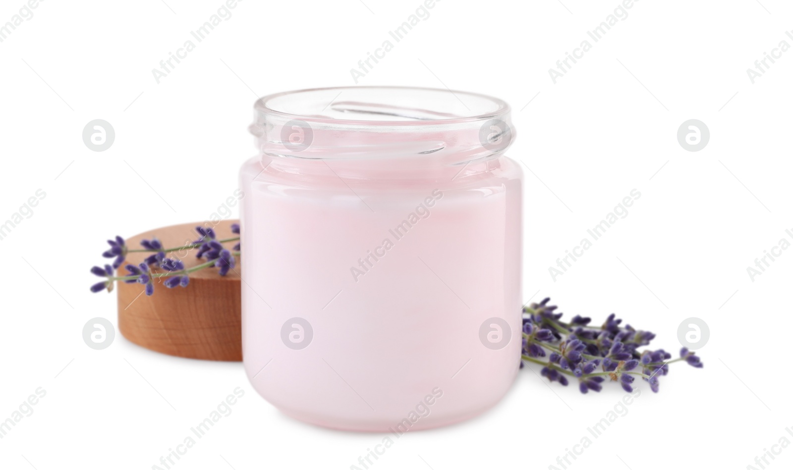 Photo of Jar of hand cream and lavender on white background