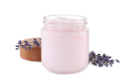 Photo of Jar of hand cream and lavender on white background