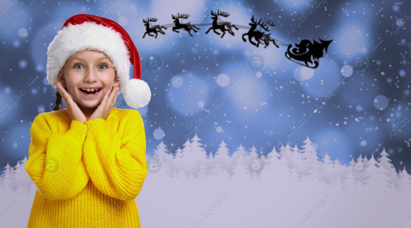 Image of Cute little child and Santa Claus flying in his sleigh against moon sky on background. Christmas celebration