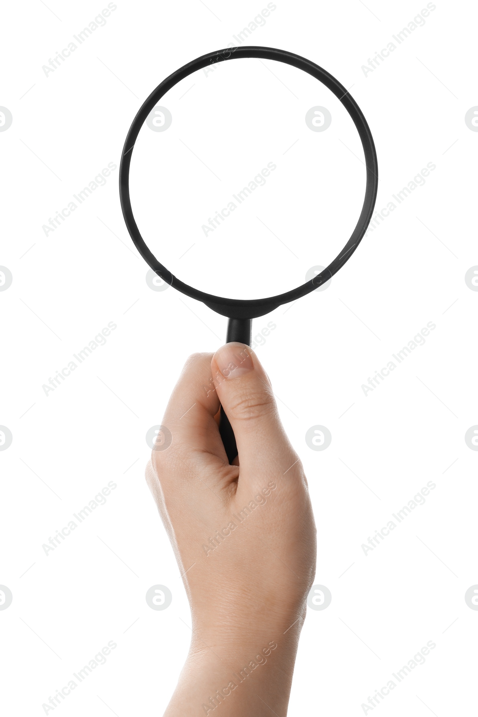 Photo of Woman holding magnifying glass on white background, closeup. Find keywords concept