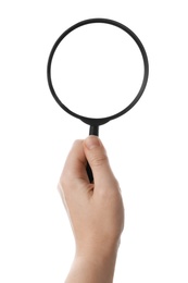 Woman holding magnifying glass on white background, closeup. Find keywords concept