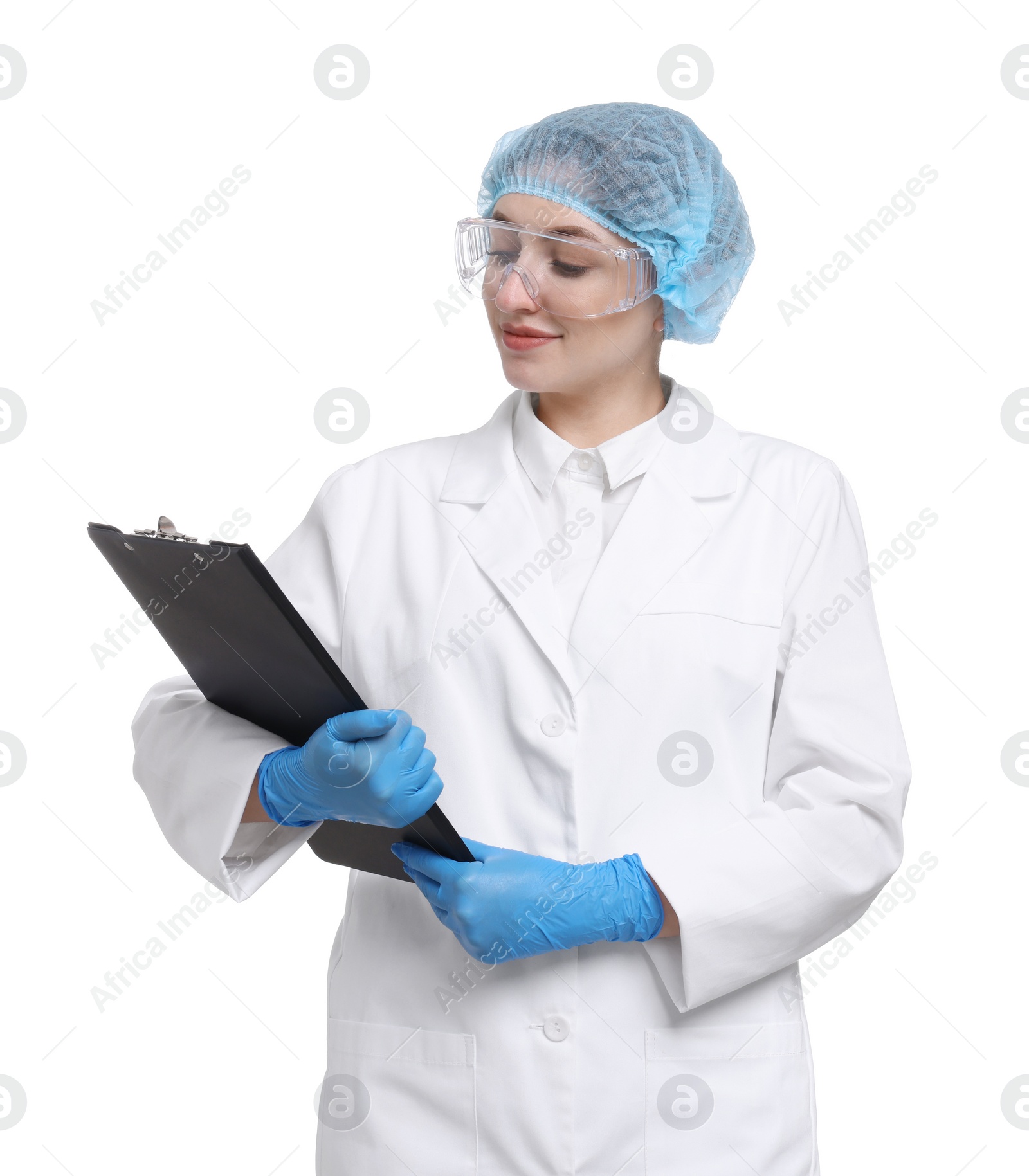 Photo of Quality control. Food inspector with clipboard on white background