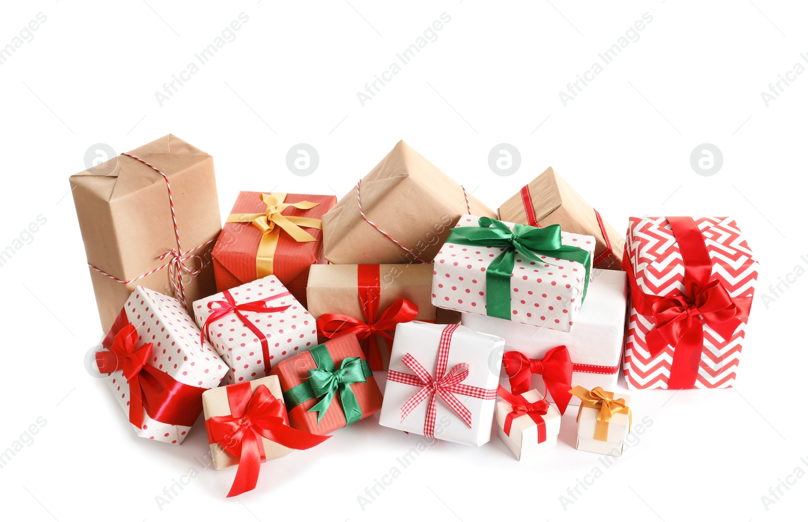 Photo of Beautifully wrapped gift boxes on white background