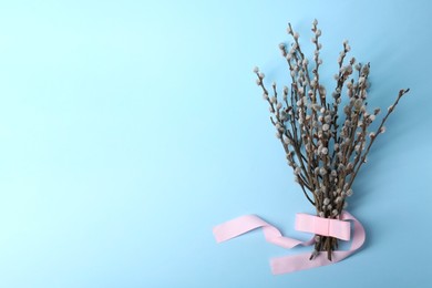 Photo of Beautiful blooming willow branches on light blue background. Space for text