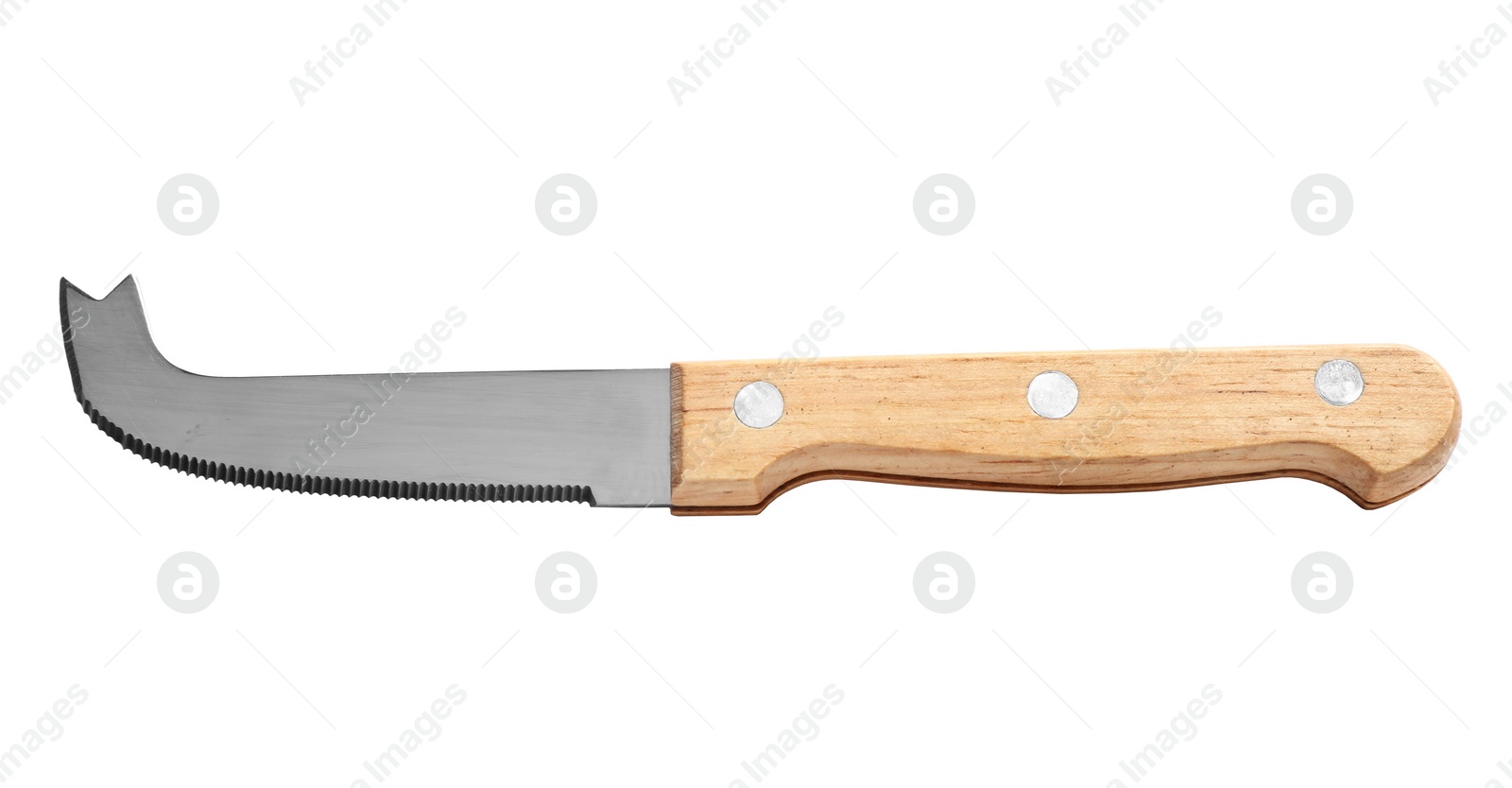 Photo of Fork tipped spear cheese knife with wooden handle isolated on white