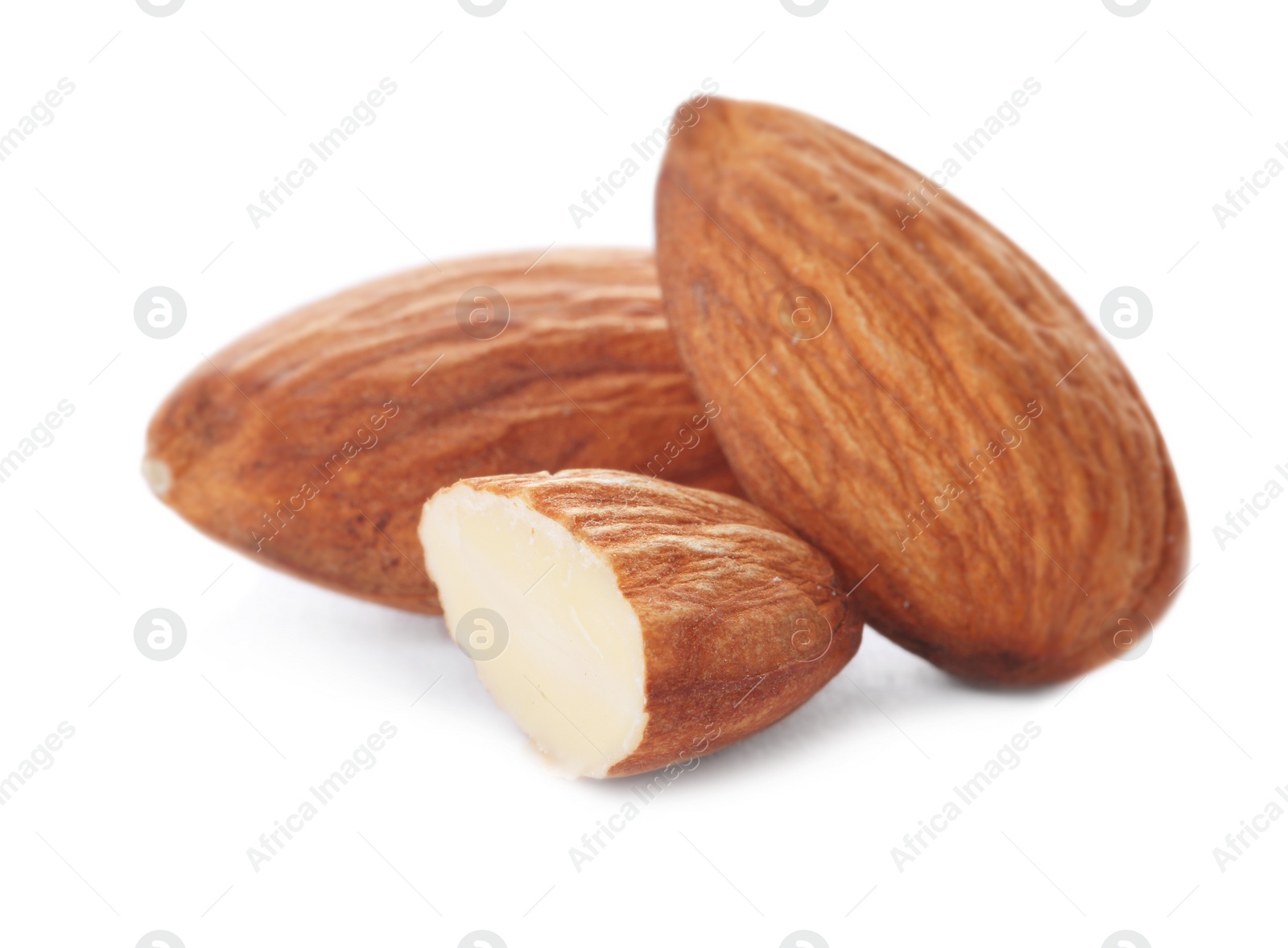 Photo of Organic almond nuts on white background. Healthy snack