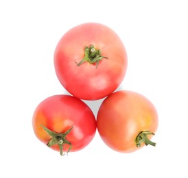 Photo of Delicious fresh ripe tomatoes on white background, top view