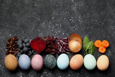 Painted Easter eggs with natural organic dyes (coffee beans, blueberries, beetroot, hibiscus, onion, spinach and carrot) on black table, flat lay. Space for text