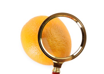 Cellulite problem. Orange and magnifying glass isolated on white, top view