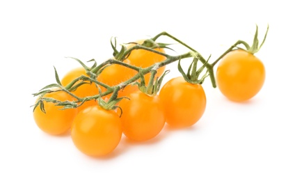 Photo of Branch of ripe yellow cherry tomatoes on white background