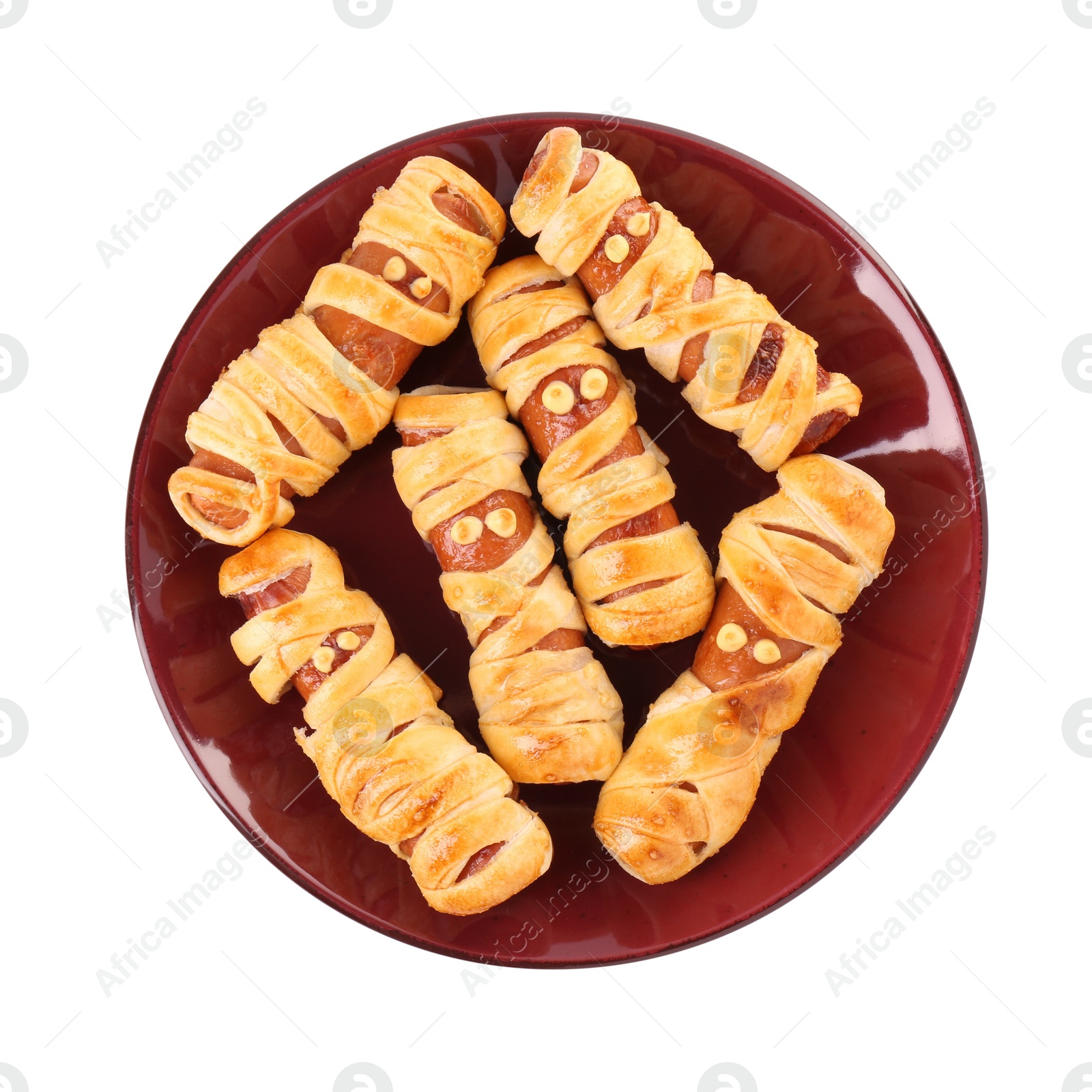 Photo of Cute sausage mummies isolated on white, top view. Halloween party food