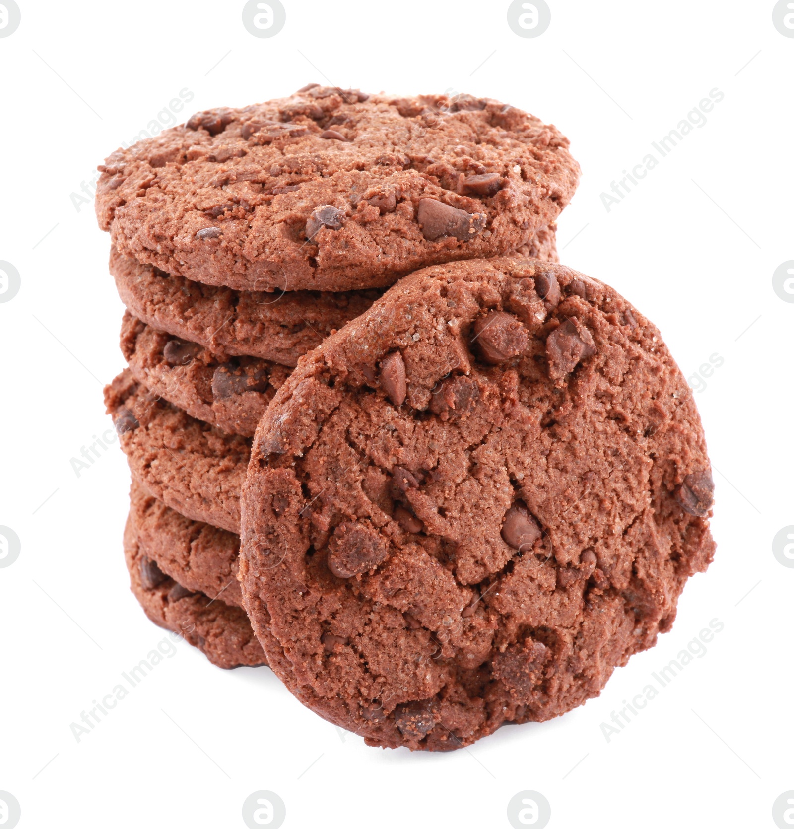 Photo of Stack of delicious chocolate chip cookies isolated on white