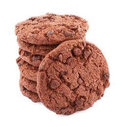 Photo of Stack of delicious chocolate chip cookies isolated on white