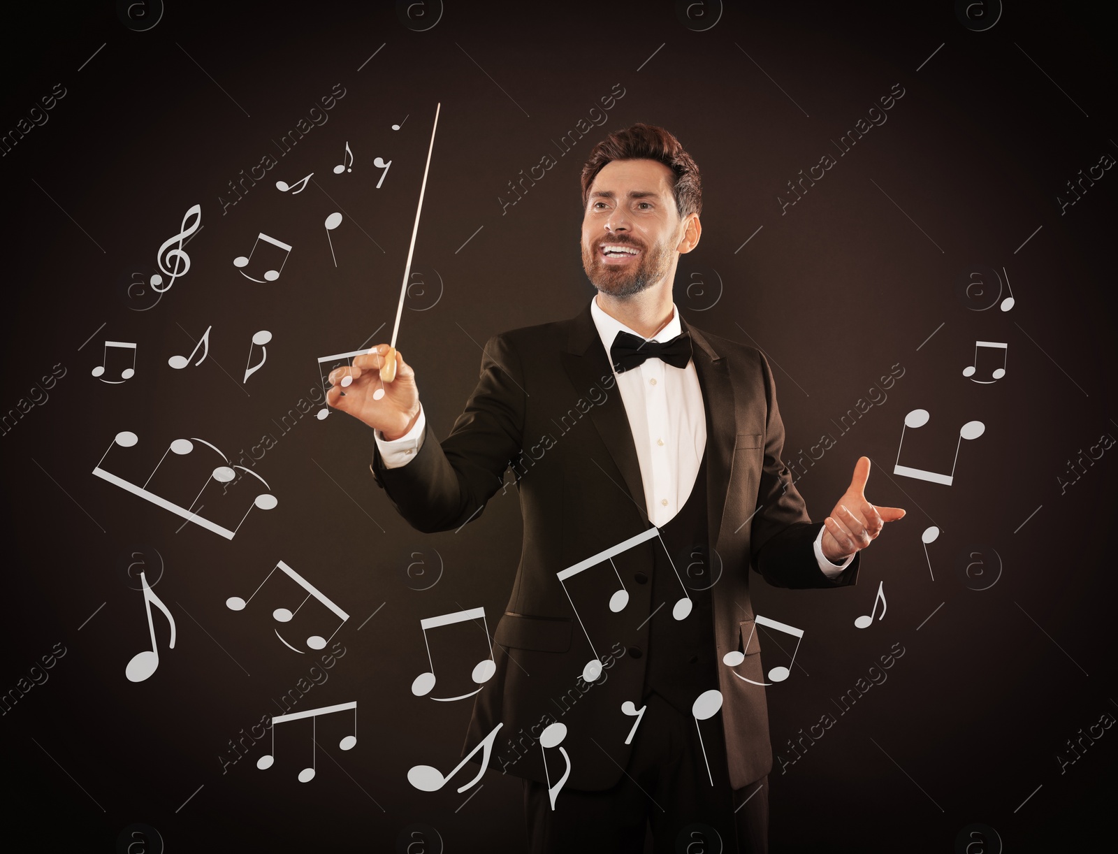 Image of Conductor on dark background. Music notes flying from baton