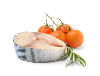 Photo of Piece of mackerel fish with cherry tomatoes and rosemary on white background