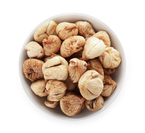 Bowl with figs on white background, top view. Dried fruit as healthy food