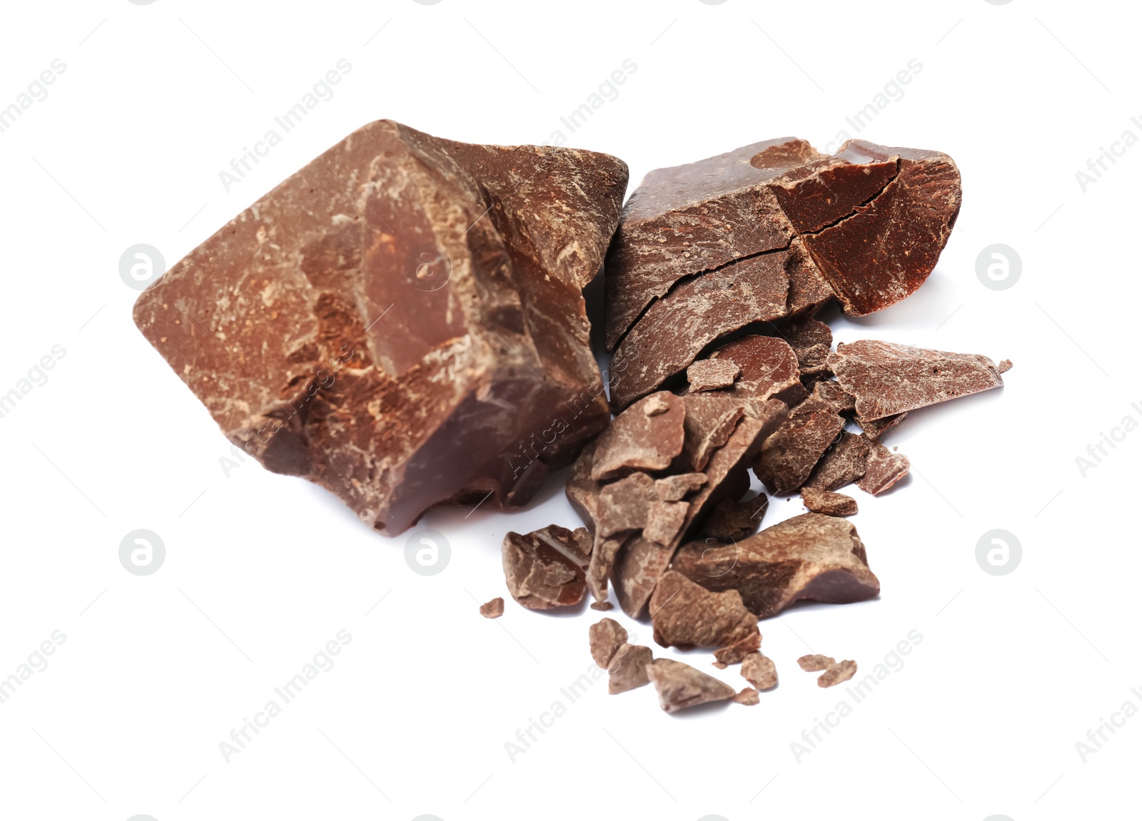 Photo of Delicious chocolate chunks on white background