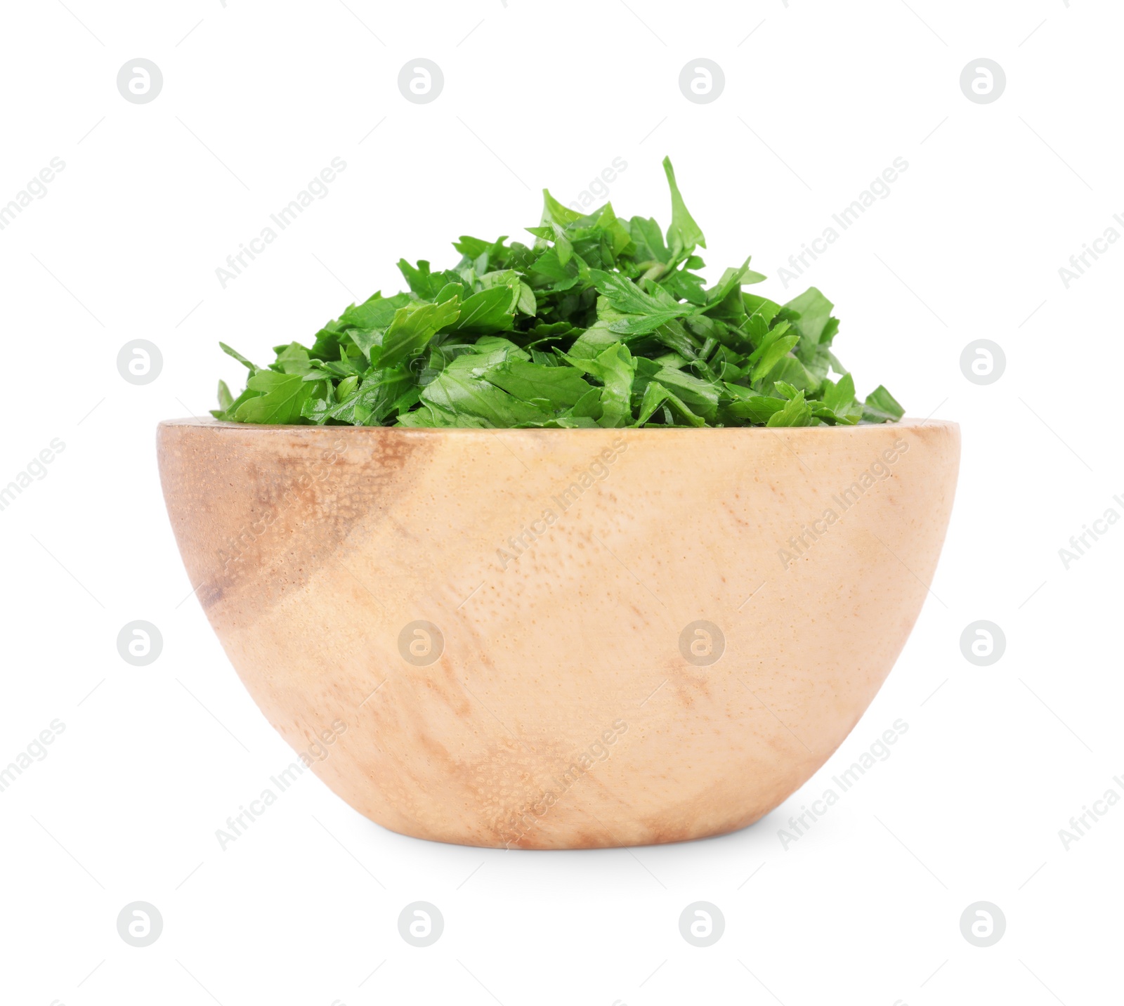 Chopped parsley leaves in bowl isolated on white Photo of Chopped parsley leaves in bowl isolated on white