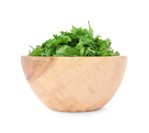 Photo of Chopped parsley leaves in bowl isolated on white