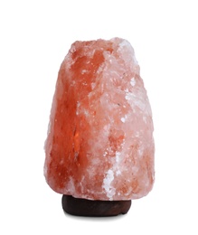 Photo of Pink Himalayan salt lamp on white background