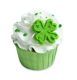 Photo of St. Patrick's day party. Tasty cupcake with green clover leaf topper and sprinkles isolated on white