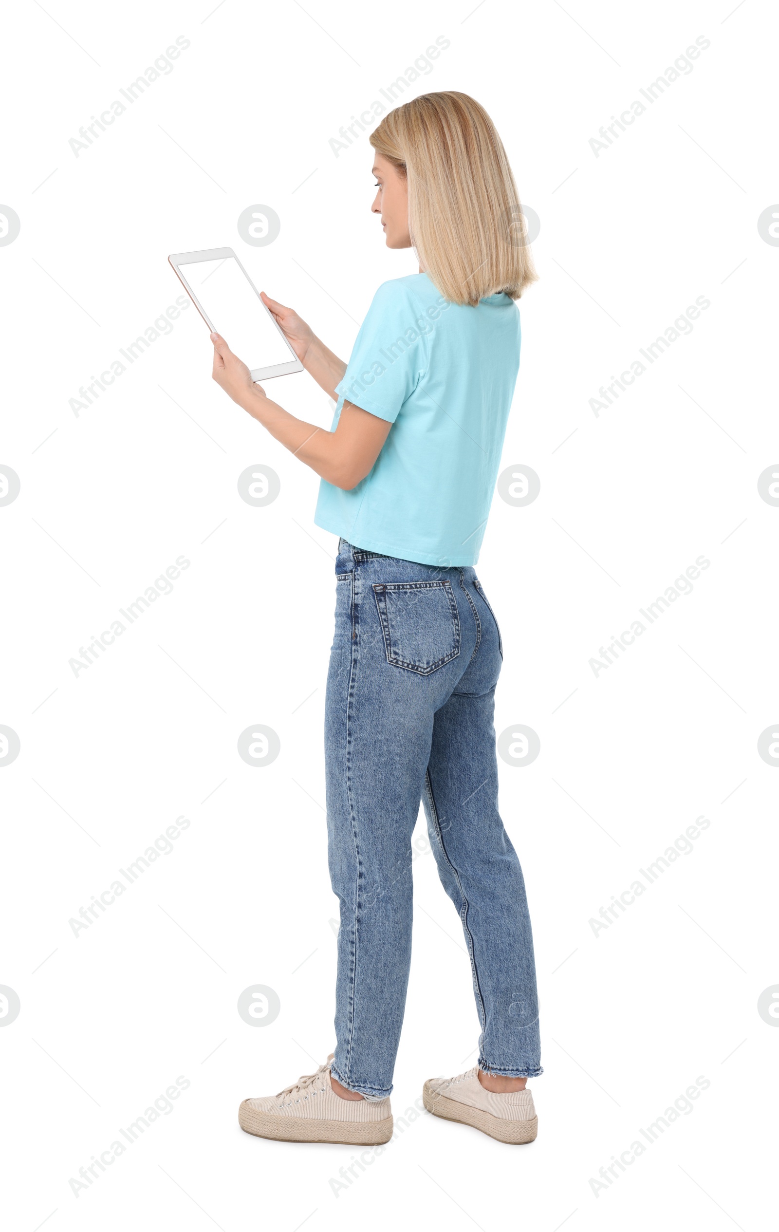 Photo of Woman holding tablet with blank screen on white background