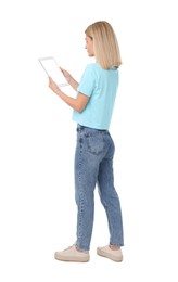 Photo of Woman holding tablet with blank screen on white background