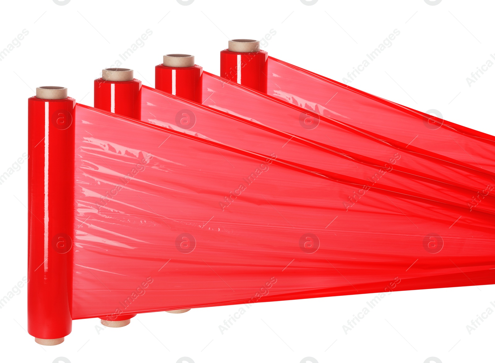 Image of Rolls of red plastic stretch wrap on white background