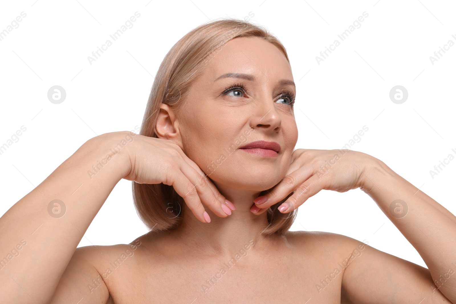 Photo of Beautiful woman touching her neck on white background