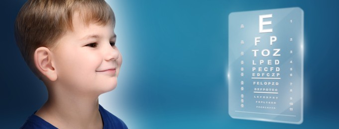 Vision test. Cute little boy and eye chart on blue background, banner design