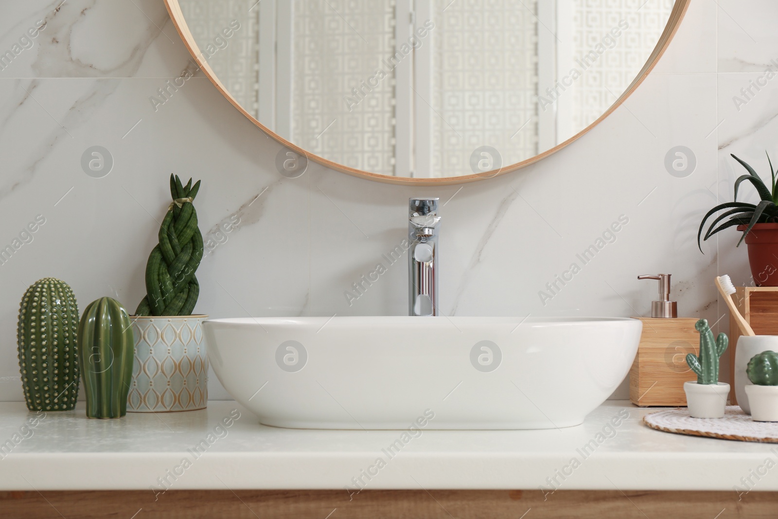 Photo of Vessel sink and different houseplants on countertop in bathroom