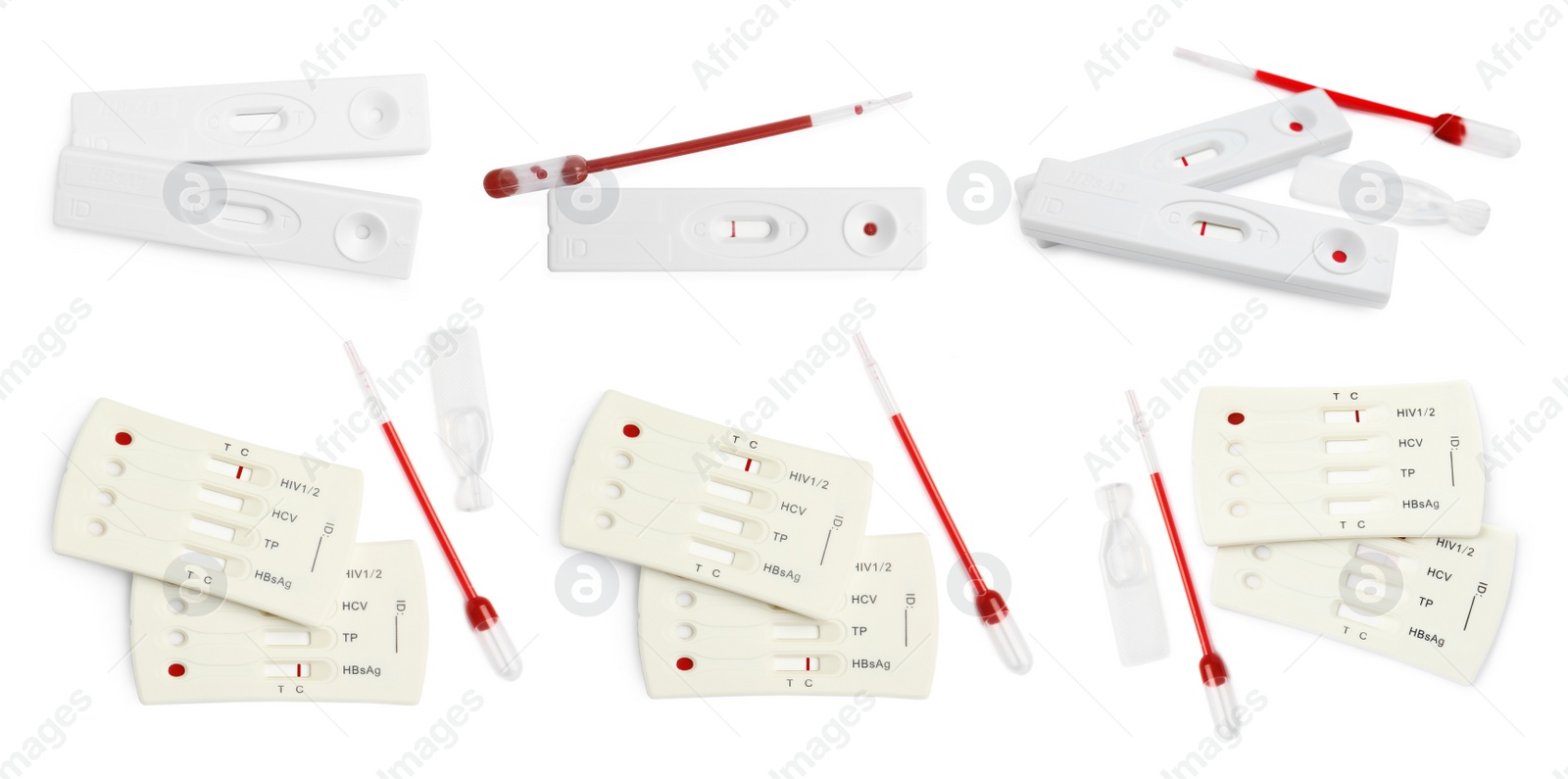 Image of Set with disposable express test kits for hepatitis on white background. Banner design