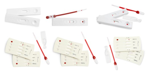 Image of Set with disposable express test kits for hepatitis on white background. Banner design