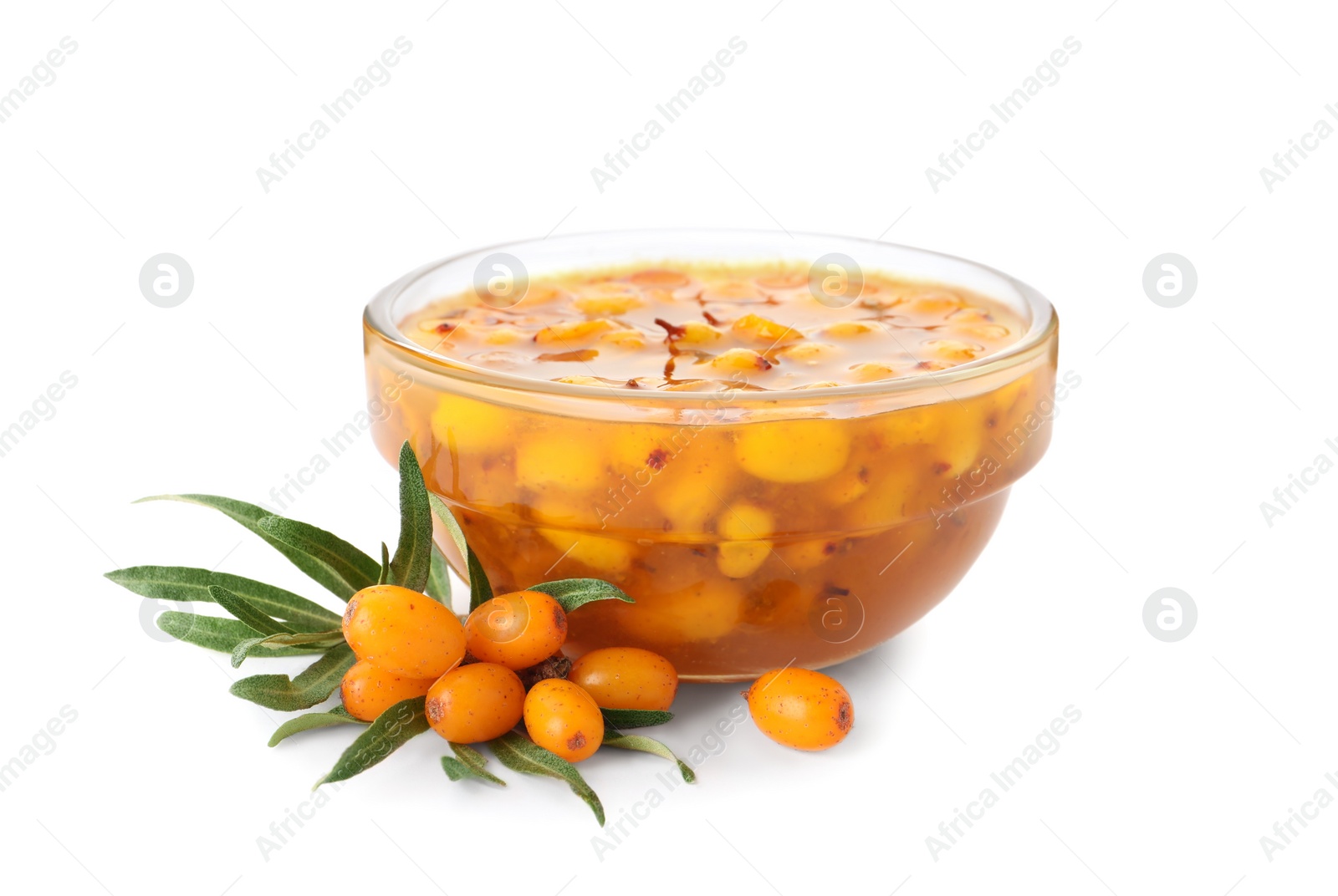 Photo of Delicious sea buckthorn jam in bowl and fresh berries on white background