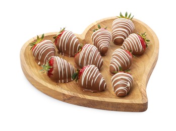 Photo of Heart shaped plate with delicious chocolate covered strawberries isolated on white