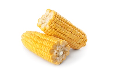 Photo of Pieces of ripe raw corn cob on white background